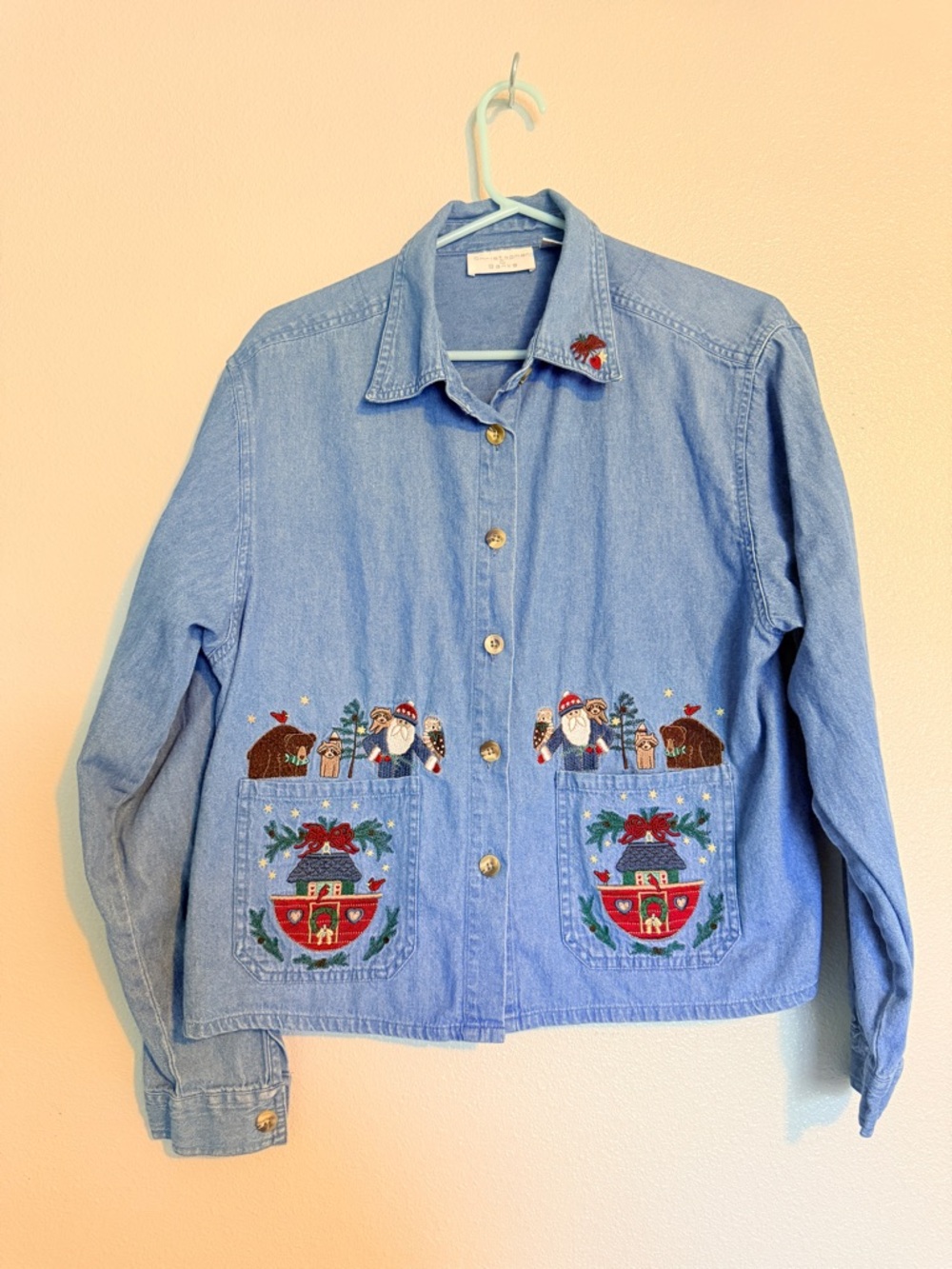Vintage 1999 Christopher & Banks Denim Christmas Noah's Ark Button Down Shirt L